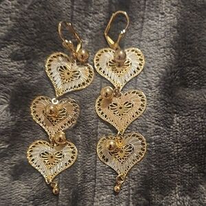 Elegant Gold Heart Dangle Earrings - Triple Hearts